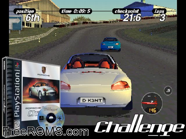 Porsche Challenge PSX game showing 3D box cover and gameplay screenshot