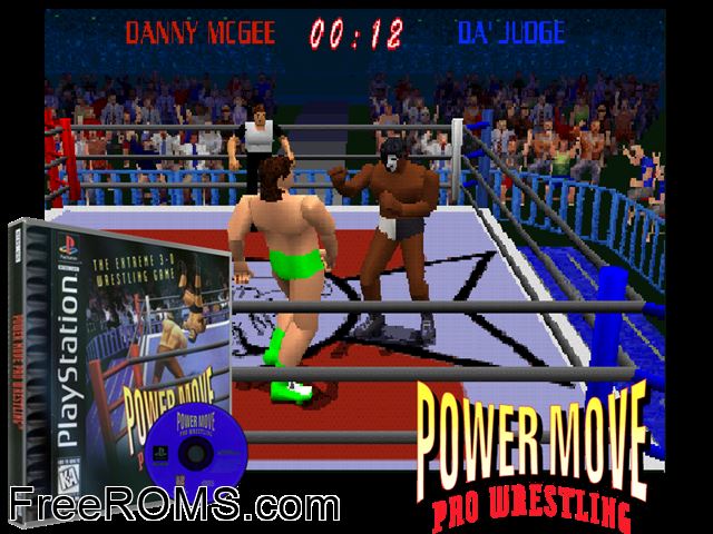 Power Move Pro Wrestling PSX game showing 3D box cover and gameplay screenshot