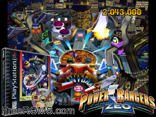 Power Rangers Zeo - Full Tilt Battle Pinball PSX game showing 3D box cover and gameplay screenshot