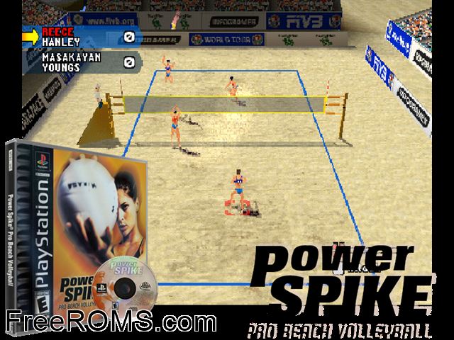 Power Spike - Pro Beach Volleyball PSX game showing 3D box cover and gameplay screenshot