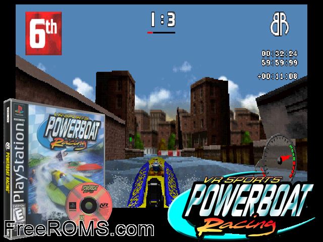 Powerboat Racing PSX game showing 3D box cover and gameplay screenshot