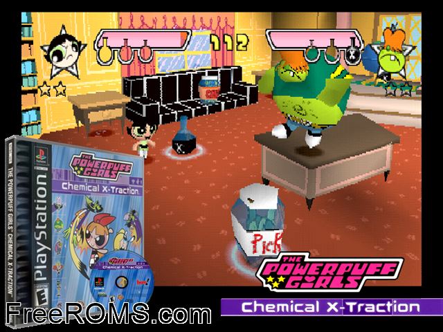 Powerpuff Girls, The - Chemical X-Traction (En,Es) PSX game showing 3D box cover and gameplay screenshot