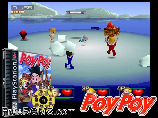 PoyPoy PSX game showing 3D box cover and gameplay screenshot