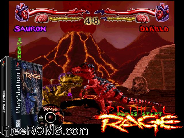 Primal Rage PSX game showing 3D box cover and gameplay screenshot