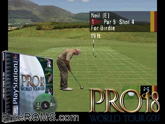 Pro 18 - World Tour Golf PSX game showing 3D box cover and gameplay screenshot