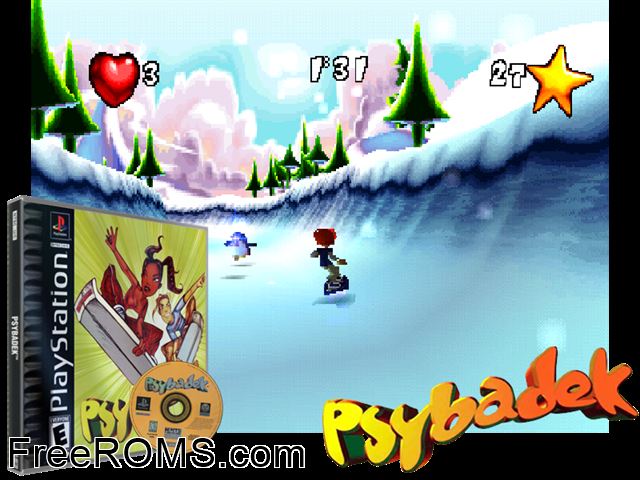 Psybadek PSX game showing 3D box cover and gameplay screenshot