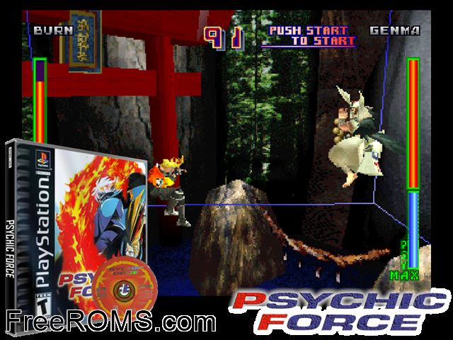Psychic Force PSX game showing 3D box cover and gameplay screenshot