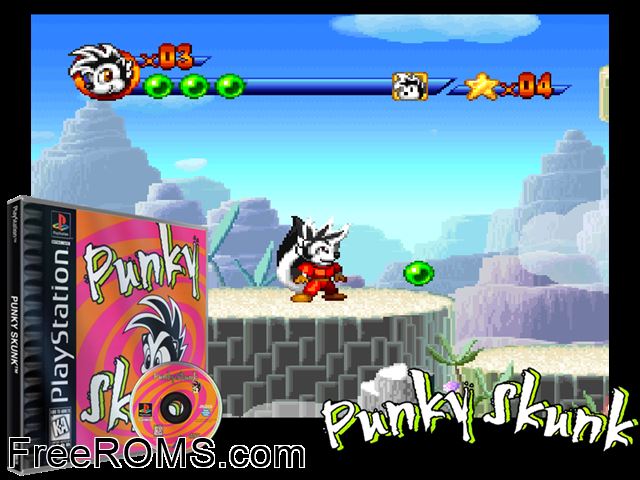 Punky Skunk PSX game showing 3D box cover and gameplay screenshot