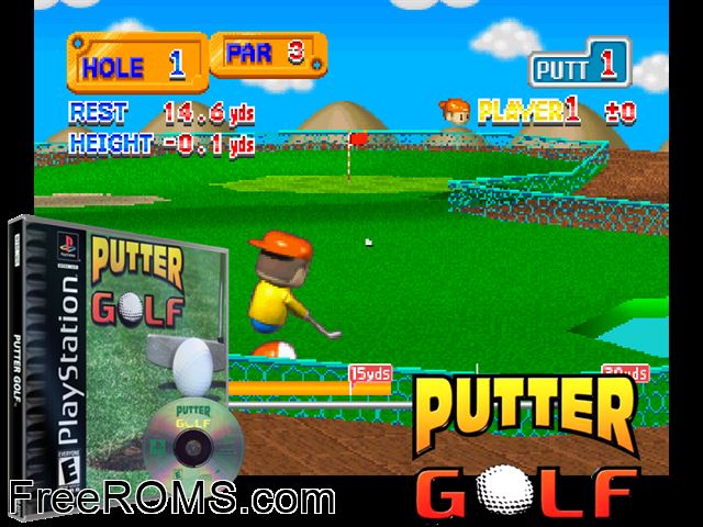 Putter Golf PSX game showing 3D box cover and gameplay screenshot