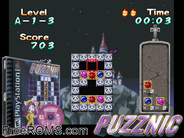 Puzznic PSX game showing 3D box cover and gameplay screenshot