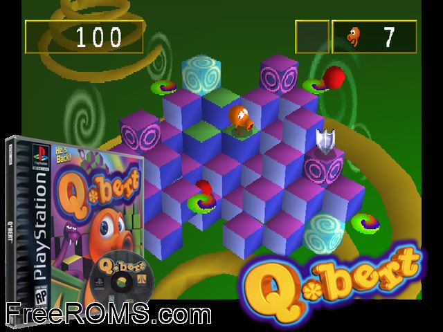Q-bert PSX game showing 3D box cover and gameplay screenshot