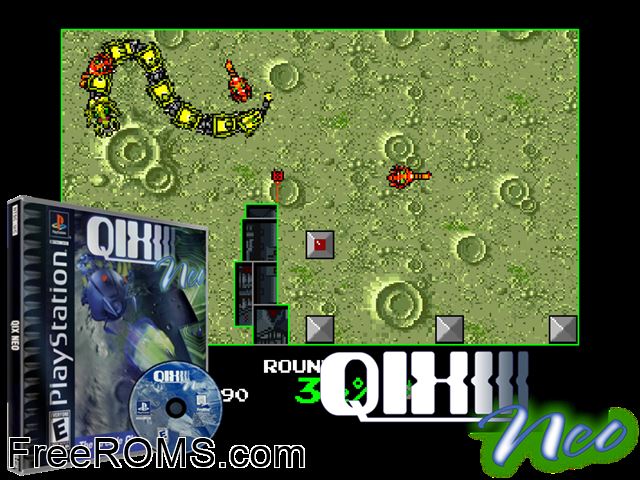 Qix Neo PSX game showing 3D box cover and gameplay screenshot
