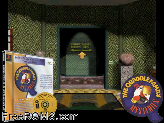 Quaddle Family Mysteries, The 1 - The Case Of The Scarce Scarab - Lobby - Kitchen PSX game showing 3D box cover and gameplay screenshot