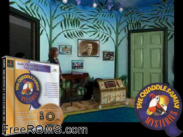 Quaddle Family Mysteries, The 3 - The Case Of The Scarce Scarab - Parlor - Family Room PSX game showing 3D box cover and gameplay screenshot