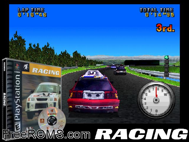 Racing (En,Fr,Es) PSX game showing 3D box cover and gameplay screenshot