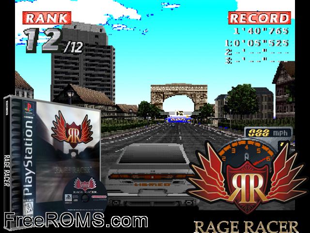 Rage Racer PSX game showing 3D box cover and gameplay screenshot
