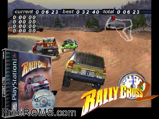 Rally Cross 2 PSX game showing 3D box cover and gameplay screenshot
