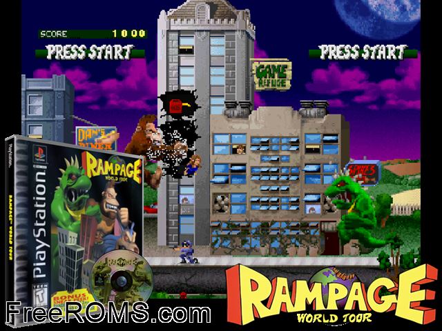 Rampage - World Tour PSX game showing 3D box cover and gameplay screenshot