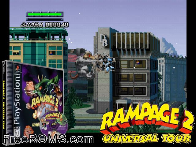 Rampage 2 - Universal Tour PSX game showing 3D box cover and gameplay screenshot