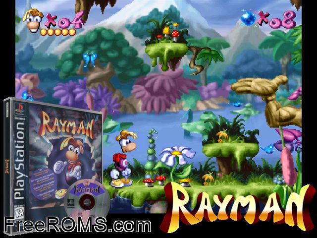 Rayman PSX game showing 3D box cover and gameplay screenshot