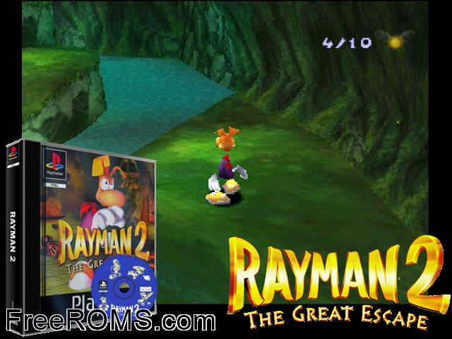Rayman 2 - The Great Escape (En,Fr,Es) PSX game showing 3D box cover and gameplay screenshot