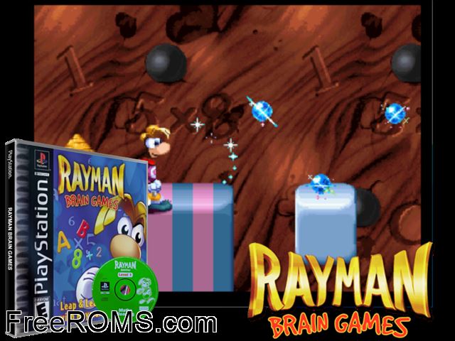 Rayman Brain Games PSX game showing 3D box cover and gameplay screenshot