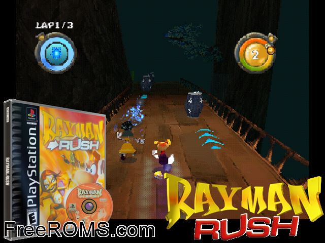 Rayman Rush PSX game showing 3D box cover and gameplay screenshot
