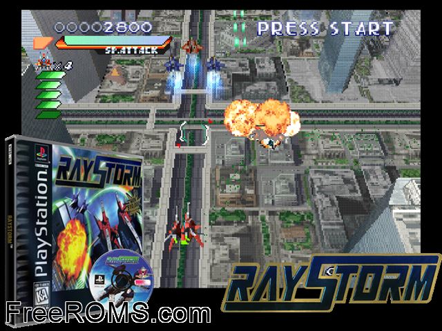 RayStorm PSX game showing 3D box cover and gameplay screenshot