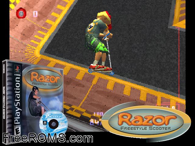 Razor Freestyle Scooter PSX game showing 3D box cover and gameplay screenshot
