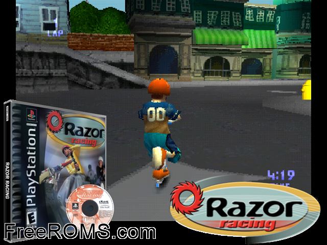 Razor Racing PSX game showing 3D box cover and gameplay screenshot