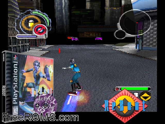 ReBoot PSX game showing 3D box cover and gameplay screenshot