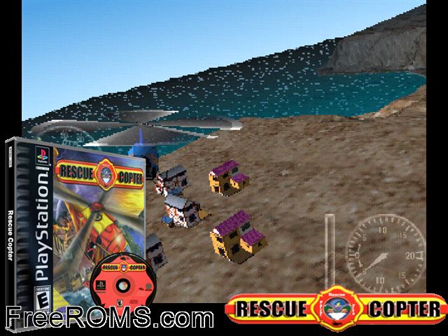 Rescue Copter PSX game showing 3D box cover and gameplay screenshot