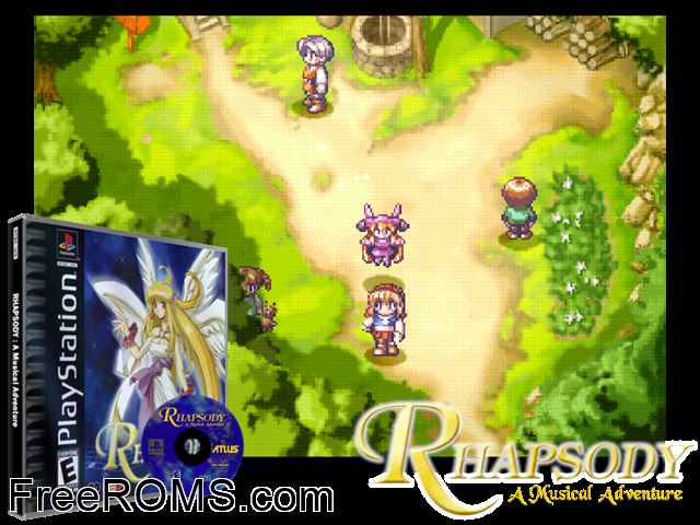 Rhapsody - A Musical Adventure PSX game showing 3D box cover and gameplay screenshot