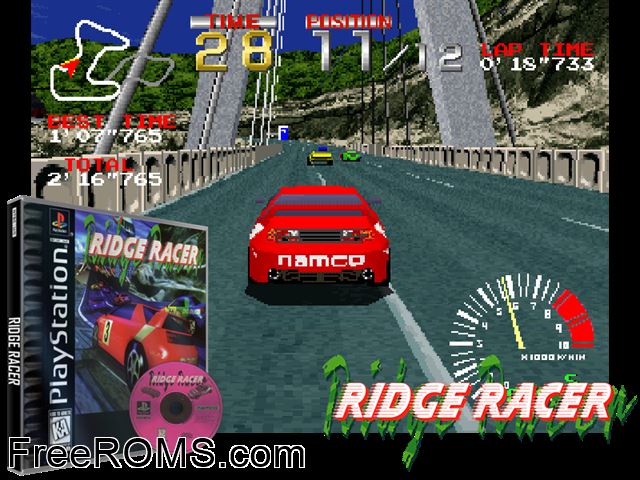 Ridge Racer PSX game showing 3D box cover and gameplay screenshot