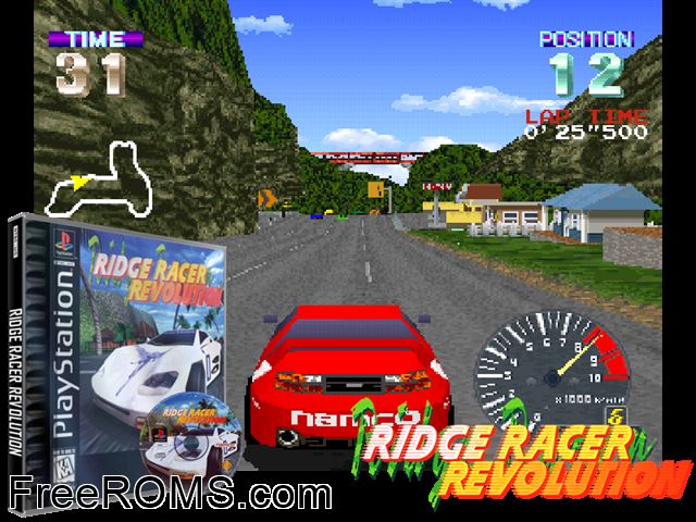 Ridge Racer Revolution PSX game showing 3D box cover and gameplay screenshot