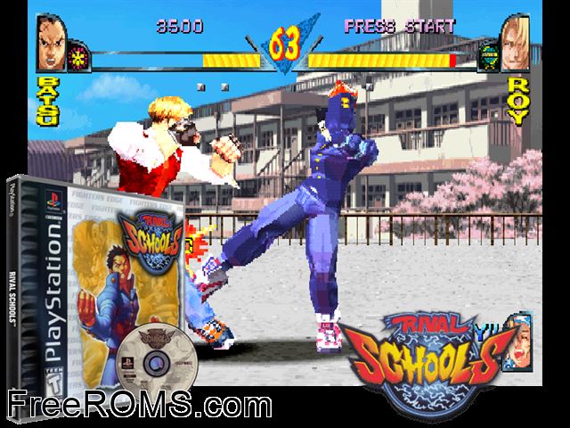 Rival Schools - United By Fate (Disc 1) (Arcade Disc) PSX game showing 3D box cover and gameplay screenshot