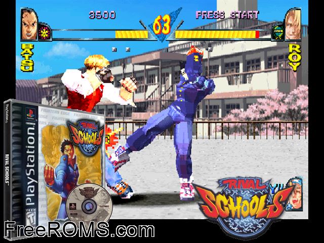 Rival Schools - United By Fate (Disc 2) (Evolution Disc) PSX game showing 3D box cover and gameplay screenshot