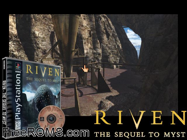 Riven - The Sequel To Myst (Disc 1) PSX game showing 3D box cover and gameplay screenshot