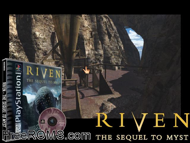 Riven - The Sequel To Myst (Disc 5) PSX game showing 3D box cover and gameplay screenshot