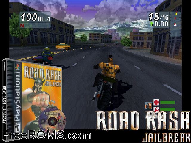 Road Rash - Jailbreak PSX game showing 3D box cover and gameplay screenshot