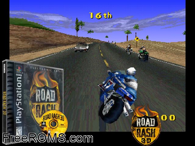 Road Rash 3D PSX game showing 3D box cover and gameplay screenshot