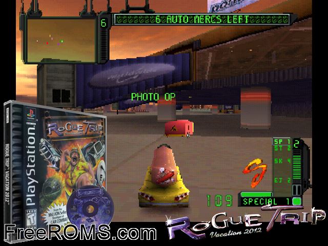 Rogue Trip - Vacation 2012 PSX game showing 3D box cover and gameplay screenshot