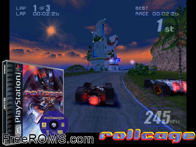 Rollcage PSX game showing 3D box cover and gameplay screenshot
