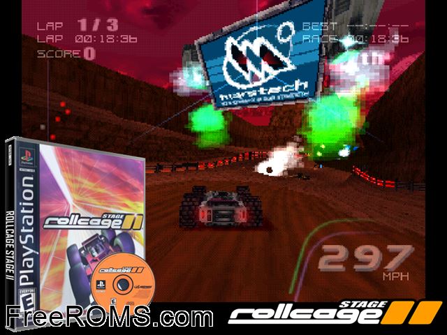 Rollcage - Stage II PSX game showing 3D box cover and gameplay screenshot