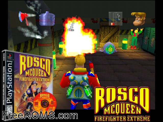 Rosco McQueen Firefighter Extreme PSX game showing 3D box cover and gameplay screenshot