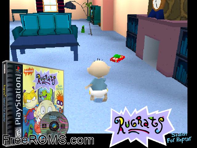 Rugrats - Search For Reptar PSX game showing 3D box cover and gameplay screenshot