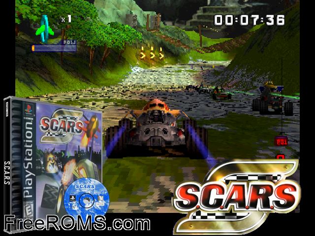 S.C.A.R.S. PSX game showing 3D box cover and gameplay screenshot