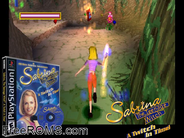 Sabrina The Teenage Witch - A Twitch In Time! PSX game showing 3D box cover and gameplay screenshot