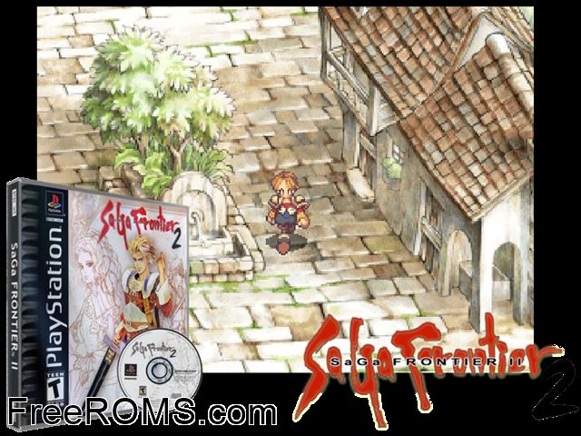 SaGa Frontier 2 PSX game showing 3D box cover and gameplay screenshot