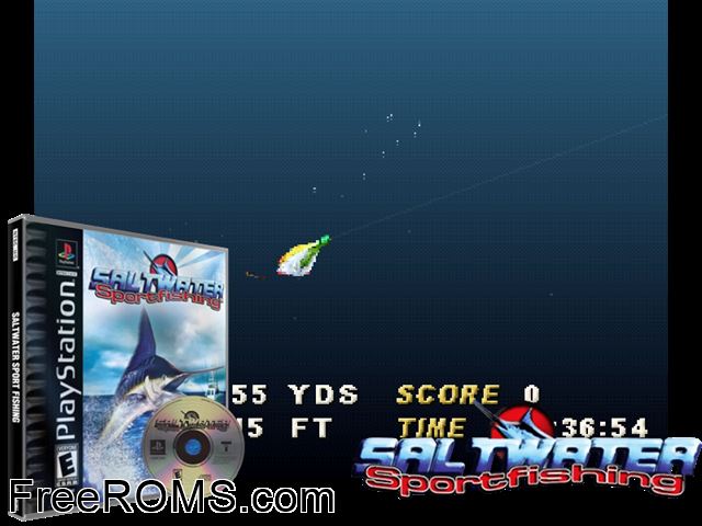 Saltwater Sportfishing PSX game showing 3D box cover and gameplay screenshot